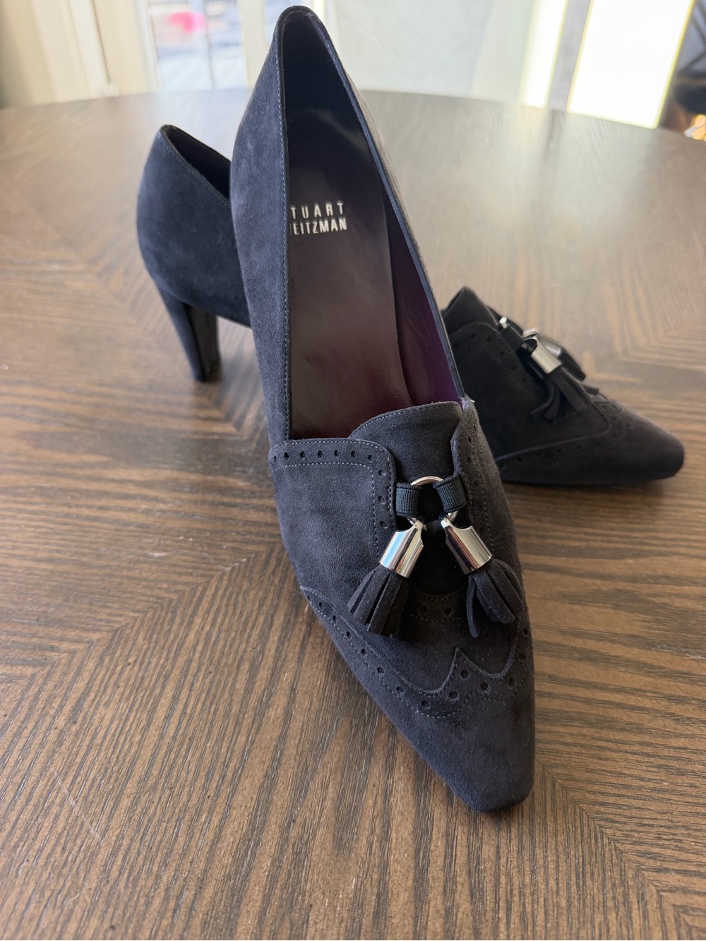 Stuart Weitzman Grey Suede Tassel Block Heel Loafers NWOT